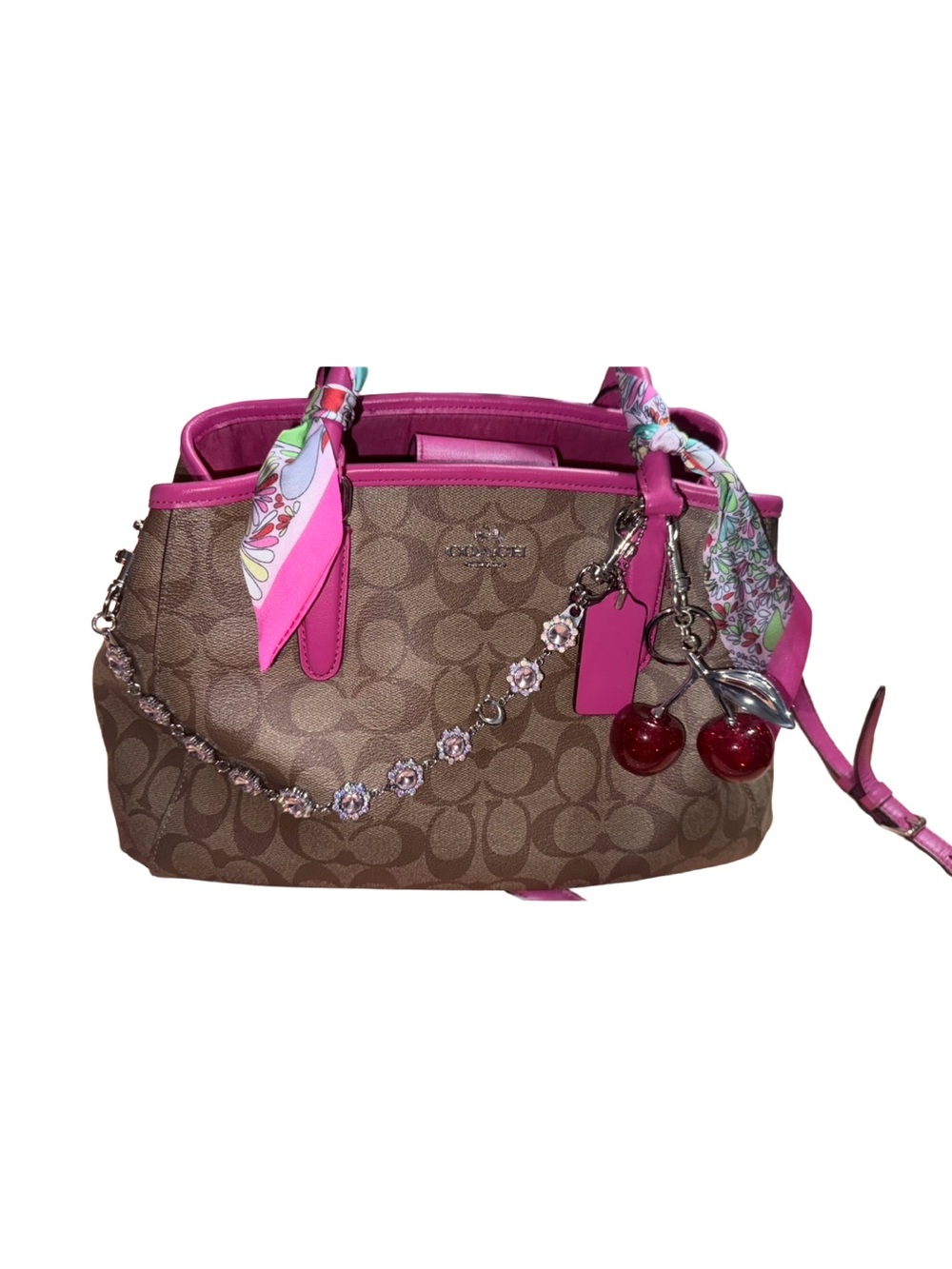 Coach Brown Monogram Satchel with Pink Trim and Cherry Charm